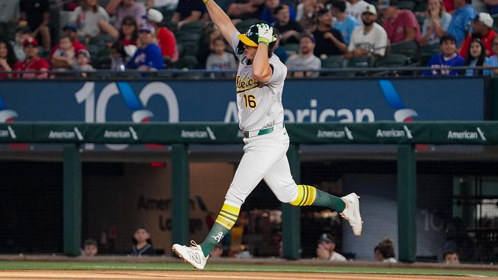 Apr 24, 2026; Arlington, Texas, USA; Athletics first baseman Nick Kurtz (16) reacts as he rounds the bases after hitting a leadoff solo home run against the Texas Rangers during the first inning at Globe Life Field. Mandatory Credit: Raymond Carlin III-Imagn Images