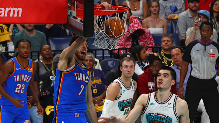 Apr 24, 2025; Memphis, Tennessee, USA; Oklahoma City Thunder forward Chet Holmgren (7) dunks during the third quarter against the Memphis Grizzlies in Game 3 of the first round at FedExForum. Mandatory Credit: Petre Thomas-Imagn Images