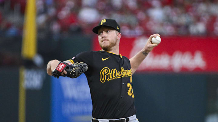 Sep 17, 2024; St. Louis, Missouri, USA;  Pittsburgh Pirates starting pitcher Bailey Falter (26) pitches against the St. Louis Cardinals during the first inning at Busch Stadium. Mandatory Credit: Jeff Curry-Imagn Images