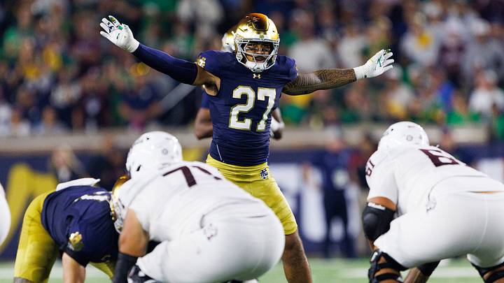 Notre Dame linebacker Kyngstonn Viliamu-Asa (27) prepares for a snap in the first half of a NCAA football game against Texas A&M at Notre Dame Stadium on Saturday, Sept. 13, 2025, in South Bend.