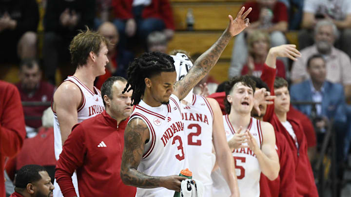 Nov 5, 2025; Bloomington, Indiana, USA; Indiana Hoosiers guard Lamar Wilkerson (3) celebrates from the bench during the second half against the Alabama A&M Bulldogs at Simon Skjodt Assembly Hall. Mandatory Credit: Robert Goddin-Imagn Images Nov 5, 2025; Bloomington, Indiana, USA; Indiana Hoosiers guard Lamar Wilkerson (3) celebrates from the bench during the second half against the Alabama A&M Bulldogs at Simon Skjodt Assembly Hall. Mandatory Credit: Robert Goddin-Imagn Images