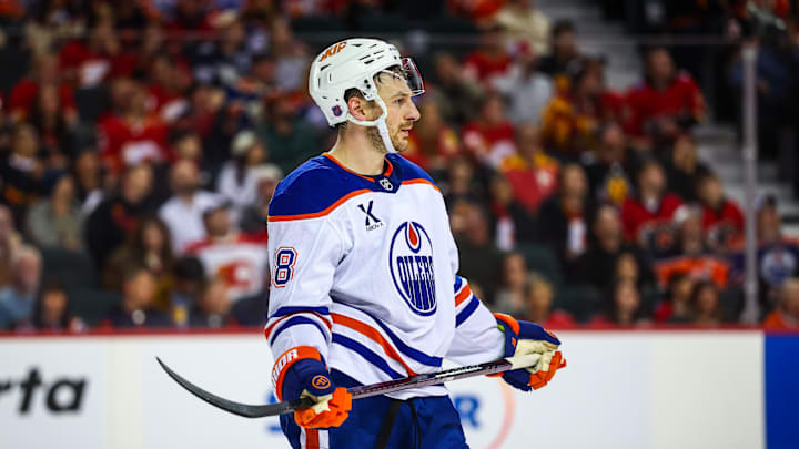 Dec 27, 2025; Calgary, Alberta, CAN; Edmonton Oilers left wing Zach Hyman (18) reacts during the third period against the Calgary Flames at Scotiabank Saddledome. Mandatory Credit: Sergei Belski-Imagn Images