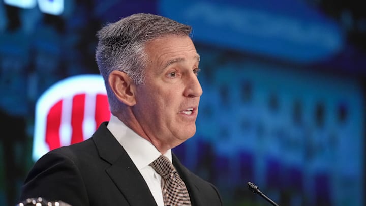 Big Ten commissioner Tony Petitti speaks to the media during the Big Ten NCAA college football media days at Mandalay Bay Resort. Big Ten commissioner Tony Petitti speaks to the media during the Big Ten NCAA college football media days at Mandalay Bay Resort.
