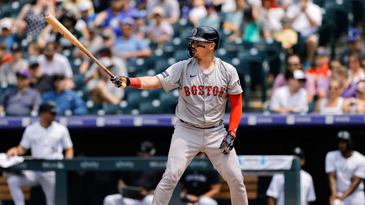 Jul 24, 2024; Denver, Colorado, USA; Boston Red Sox catcher Reese McGuire (3) in the fourth inning against the Colorado Rockies at Coors Field. Mandatory Credit: Isaiah J. Downing-Imagn Images