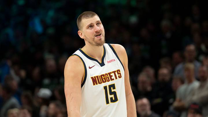 Apr 30, 2026; Minneapolis, Minnesota, USA; Denver Nuggets center Nikola Jokic (15) looks on against the Minnesota Timberwolves in the second half during game six of the first round of the 2026 NBA Playoffs at Target Center. Mandatory Credit: Jesse Johnson-Imagn Images Apr 30, 2026; Minneapolis, Minnesota, USA; Denver Nuggets center Nikola Jokic (15) looks on against the Minnesota Timberwolves in the second half during game six of the first round of the 2026 NBA Playoffs at Target Center. Mandatory Credit: Jesse Johnson-Imagn Images