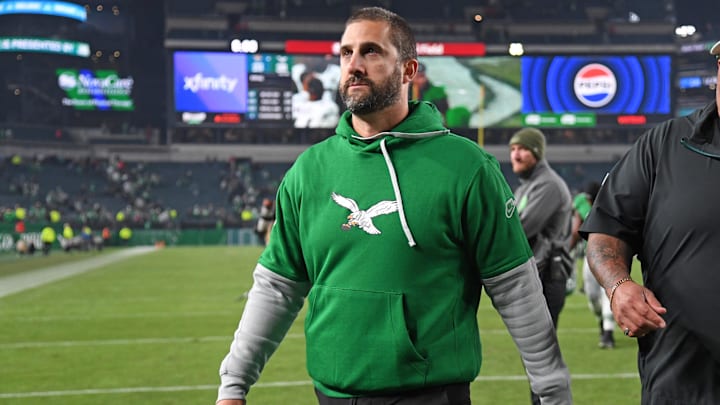 Nov 3, 2024; Philadelphia, Pennsylvania, USA; Philadelphia Eagles head coach Nick Sirianni walks off the field after win against the Jacksonville Jaguars at Lincoln Financial Field. Mandatory Credit: Eric Hartline-Imagn Images