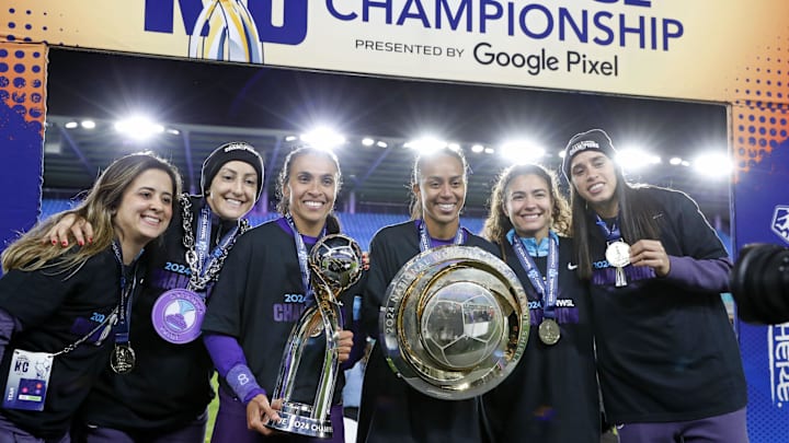 Nov 23, 2024; Kansas City, Missouri, USA; The Orlando Pride celebrates after winning the 2024 NWSL Championship match at CPKC Stadium. Mandatory Credit: Kylie Graham-Imagn Images