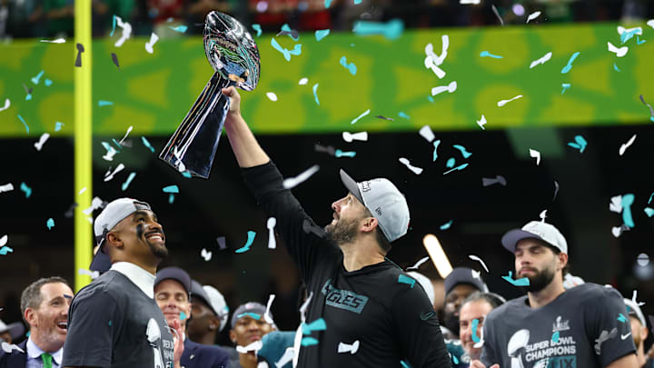 Feb 9, 2025; New Orleans, LA, USA; Philadelphia Eagles head coach Nick Sirianni hoists the Vince Lombardi Trophy after defeating the Kansas City Chiefs in Super Bowl LIX at Ceasars Superdome. 