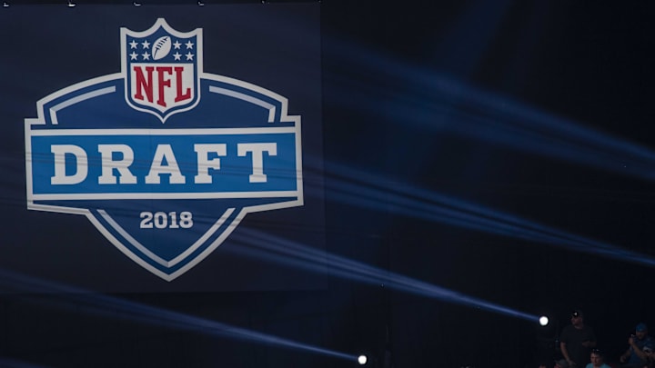 Apr 26, 2018; Arlington, TX, USA; A general view of the stadium and the NFL draft logo during the