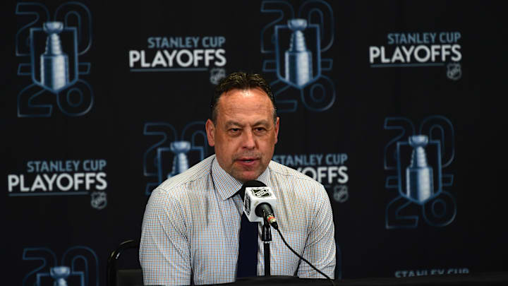 Apr 26, 2026; Boston, Massachusetts, USA; Boston Bruins head coach Marco Sturm talks to the media after losing to the Buffalo Sabres in game four of the first round of the 2026 Stanley Cup Playoffs at TD Garden. Mandatory Credit: Bob DeChiara-Imagn Images