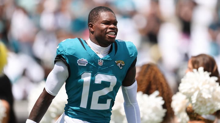 Sep 7, 2025; Jacksonville, Florida, USA; Jacksonville Jaguars wide receiver Travis Hunter (12) takes the field prior to a game against the Carolina Panthers at EverBank Stadium. Mandatory Credit: Nathan Ray Seebeck-Imagn Images