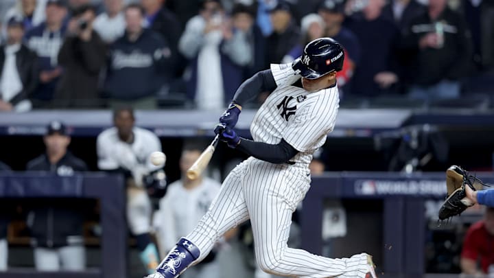 New York Yankees outfielder Juan Soto (22) doubles during the eighth inning against the Los Angeles Dodgers in game four of the 2024 MLB World Series at Yankee Stadium on Oct 29.