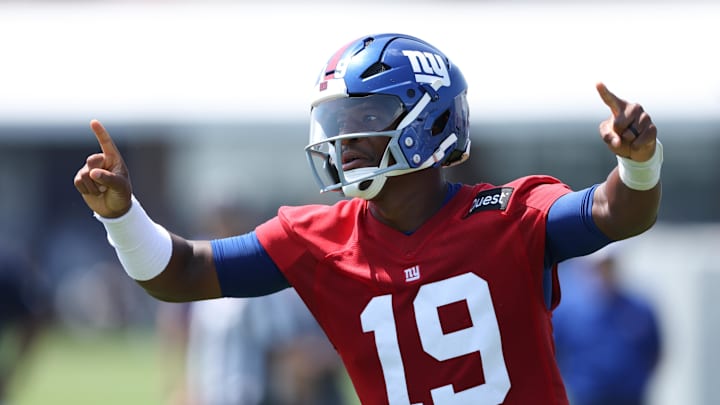 Jul 24, 2025; East Rutherford, NJ, USA; New York Giants quarterback Jameis Winston (19) reacts during training camp at Quest Diagnostics Training Center.  