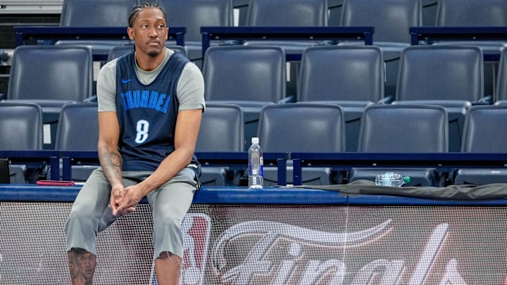 Oklahoma City forward Jalen Williams (8) sits during an NBA Finals practice session ahead of Game 2 at Paycom Center Oklahoma City, on Saturday, June 7, 2025.