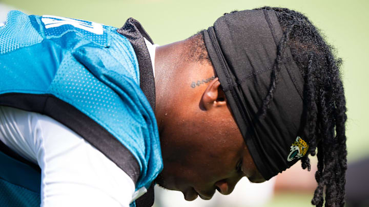 Jacksonville Jaguars wide receiver Travis Hunter (12) stretches during the Jacksonville Jaguars’ third mandatory minicamp Thursday June 12, 2025 at the Miller Electric Center in Jacksonville, Fla. [Doug Engle/Florida Times-Union]