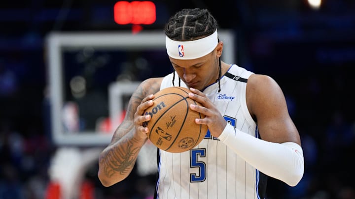 Mar 21, 2025; Washington, District of Columbia, USA; Orlando Magic forward Paolo Banchero (5) reacts before the game against the Washington Wizards at Capital One Arena. Mandatory Credit: Reggie Hildred-Imagn Images