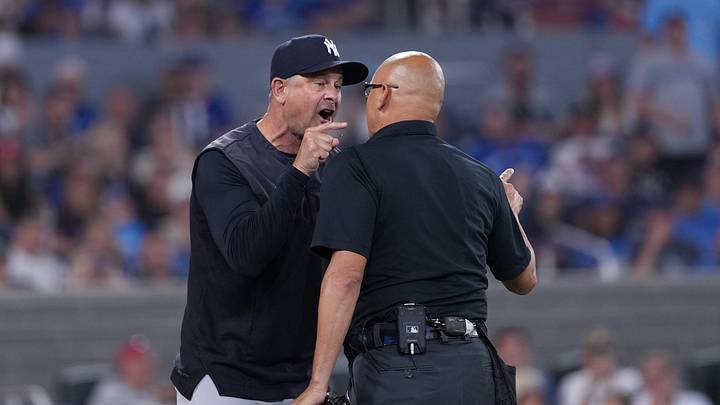Aug 14, 2026; Toronto, Ontario, CAN; New York Yankees manager Aaron Boone (17) talks with the home plate umpire against the Toronto Blue Jays during the sixth inning at Rogers Centre. Mandatory Credit: Nick Turchiaro-Imagn Images Aug 14, 2026; Toronto, Ontario, CAN; New York Yankees manager Aaron Boone (17) talks with the home plate umpire against the Toronto Blue Jays during the sixth inning at Rogers Centre. Mandatory Credit: Nick Turchiaro-Imagn Images