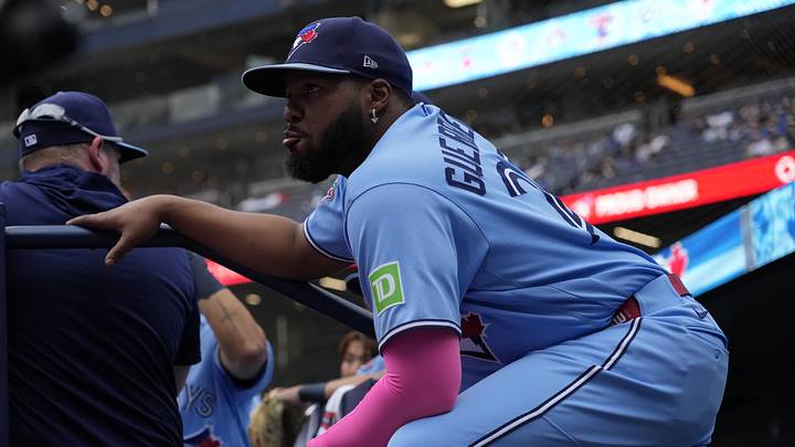 Jun 24, 2026; Toronto, Ontario, CAN; Toronto Blue Jays first baseman Vladimir Guerrero Jr. (27) waits to go onto the field before the start of the game against the Houston Astros at Rogers Centre. Mandatory Credit: John E. Sokolowski-Imagn Images