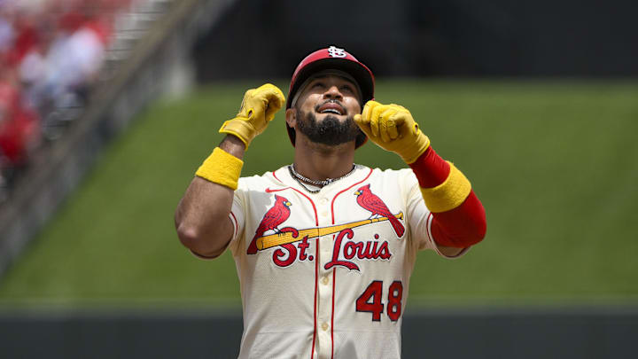 May 24, 2025; St. Louis, Missouri, USA; St. Louis Cardinals designated hitter Ivan Herrera (48) reacts after hitting a one run single against the Arizona Diamondbacks during the first inning at Busch Stadium. Mandatory Credit: Jeff Curry-Imagn Images May 24, 2025; St. Louis, Missouri, USA; St. Louis Cardinals designated hitter Ivan Herrera (48) reacts after hitting a one run single against the Arizona Diamondbacks during the first inning at Busch Stadium. Mandatory Credit: Jeff Curry-Imagn Images