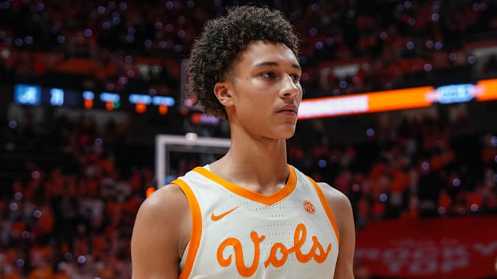 Tennessee forward Nate Ament (10) walks off the court after losing a NCAA basketball game between Tennessee and Alabama at Thompson-Boling Arena at Food City Center in Knoxville, Tenn., on Feb. 28, 2026.