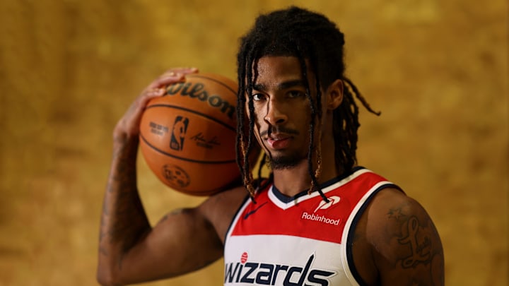 Sep 29, 2025; Washington, DC, USA; Washington Wizards guard Keshon Gilbert (55) poses for a portrait during Wizards Media Day at CareFirst Arena. 
