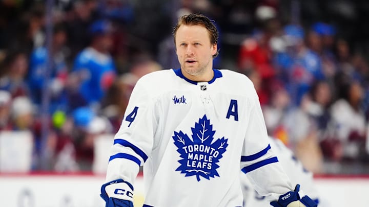 Jan 12, 2026; Denver, Colorado, USA; Toronto Maple Leafs defenseman Morgan Rielly (44) before the game against the Colorado Avalanche at Ball Arena. Mandatory Credit: Ron Chenoy-Imagn Images
