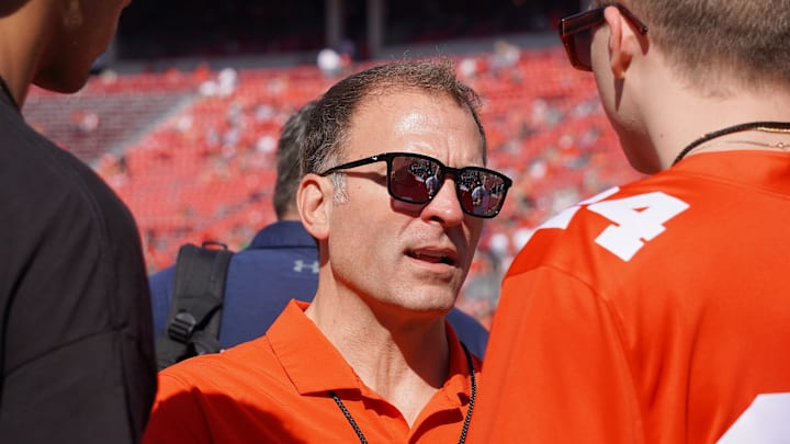 Ohio State athletic director Ross Bjork talks to fans before the Buckeye football team's 35-7 win over Iowa on Saturday, Oct. 5, 2024. Ohio State athletic director Ross Bjork talks to fans before the Buckeye football team's 35-7 win over Iowa on Saturday, Oct. 5, 2024.
