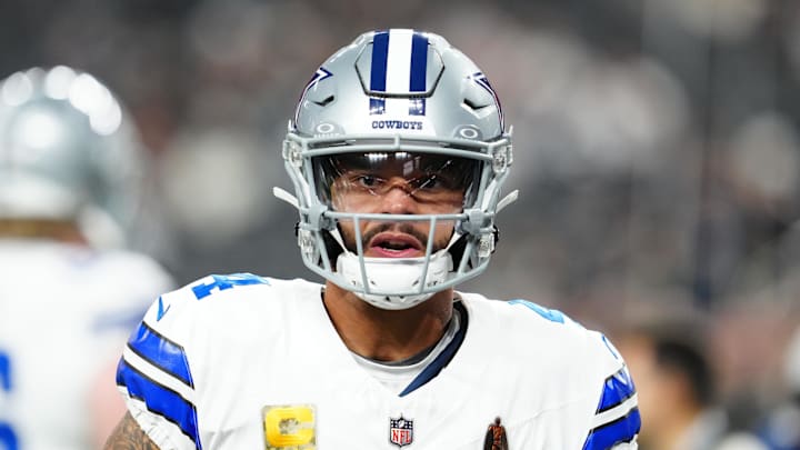 Nov 17, 2025; Paradise, Nevada, USA;  Dallas Cowboys quarterback Dak Prescott (4) warms up prior to a game against the Las Vegas Raiders at Allegiant Stadium. Mandatory Credit: Stephen R. Sylvanie-Imagn Images