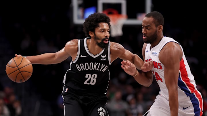 Dec 23, 2023; Brooklyn, New York, USA; Brooklyn Nets guard Spencer Dinwiddie (26) controls the ball