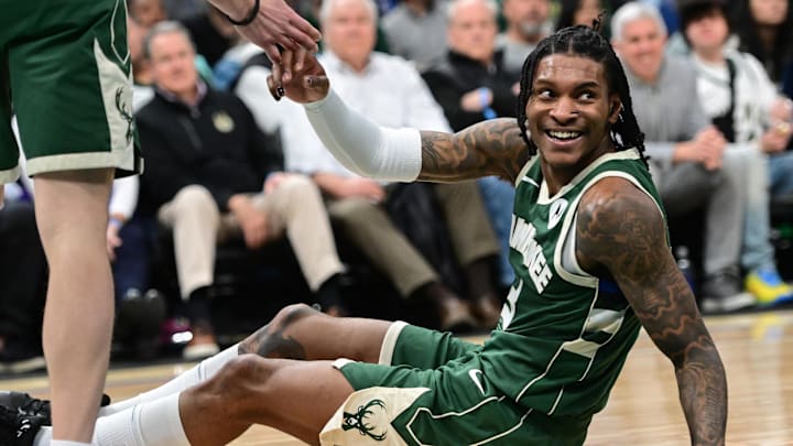 Milwaukee Bucks guard Kevin Porter reacts after a collision in the fourth quarter against the Dallas Mavericks at Fiserv Forum on March 5.