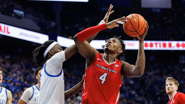Dec 29, 2023; Lexington, Kentucky, USA; Illinois State Redbirds forward Myles Foster (4) goes to the basket during the first half against the Kentucky Wildcats at Rupp Arena at Central Bank Center. Mandatory Credit: Jordan Prather-Imagn Images Dec 29, 2023; Lexington, Kentucky, USA; Illinois State Redbirds forward Myles Foster (4) goes to the basket during the first half against the Kentucky Wildcats at Rupp Arena at Central Bank Center. Mandatory Credit: Jordan Prather-Imagn Images