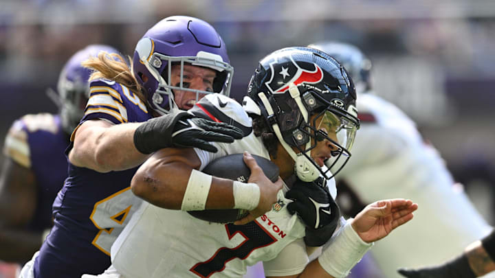 Houston Texans quarterback C.J. Stroud (7) is sacked by Minnesota Vikings linebacker Andrew Van Ginkel (43) during the second quarter at U.S. Bank Stadium last Sunday.