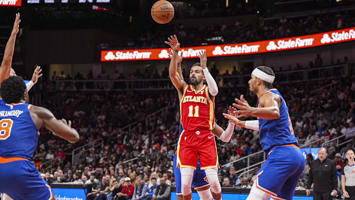 Nov 6, 2024; Atlanta, Georgia, USA; Atlanta Hawks guard Trae Young (11) shoots against the New York Knicks during the second half at State Farm Arena. Mandatory Credit: Dale Zanine-Imagn Images Nov 6, 2024; Atlanta, Georgia, USA; Atlanta Hawks guard Trae Young (11) shoots against the New York Knicks during the second half at State Farm Arena. Mandatory Credit: Dale Zanine-Imagn Images