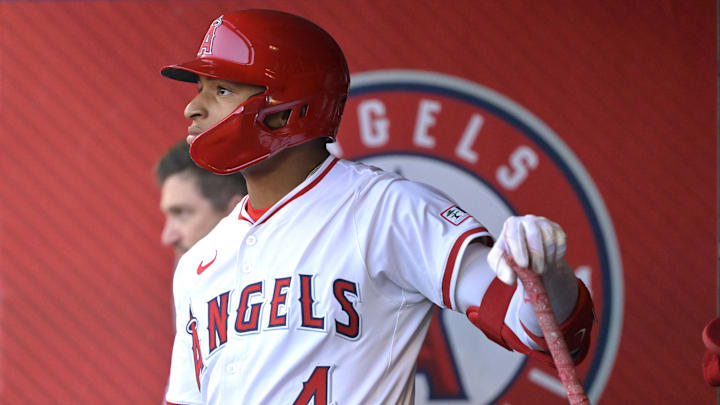 Jun 28, 2025; Anaheim, California, USA; Los Angeles Angels second baseman Christian Moore (4) in the dugout during the third inning against the Washington Nationals at Angel Stadium. Mandatory Credit: Jayne Kamin-Oncea-Imagn Images Jun 28, 2025; Anaheim, California, USA; Los Angeles Angels second baseman Christian Moore (4) in the dugout during the third inning against the Washington Nationals at Angel Stadium. Mandatory Credit: Jayne Kamin-Oncea-Imagn Images