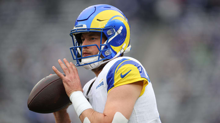 Dec 31, 2023; East Rutherford, New Jersey, USA; Los Angeles Rams quarterback Matthew Stafford (9) warms up before the game against the New York Giants at MetLife Stadium. Mandatory Credit: Vincent Carchietta-USA TODAY Sports