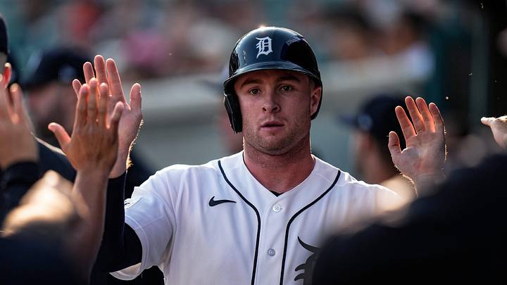 Detroit Tigers third baseman Colt Keith celebrates scoring a run. Detroit Tigers third baseman Colt Keith celebrates scoring a run.