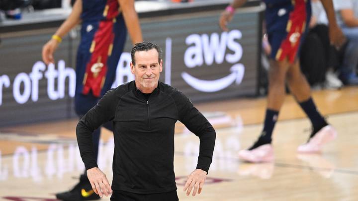 May 25, 2026; Cleveland, Ohio, USA; Cleveland Cavaliers head coach Kenny Atkinson reacts in the first half against the New York Knicks during game four of the eastern conference finals for the 2026 NBA playoffs at Rocket Arena. Mandatory Credit: David Richard-Imagn Images May 25, 2026; Cleveland, Ohio, USA; Cleveland Cavaliers head coach Kenny Atkinson reacts in the first half against the New York Knicks during game four of the eastern conference finals for the 2026 NBA playoffs at Rocket Arena. Mandatory Credit: David Richard-Imagn Images