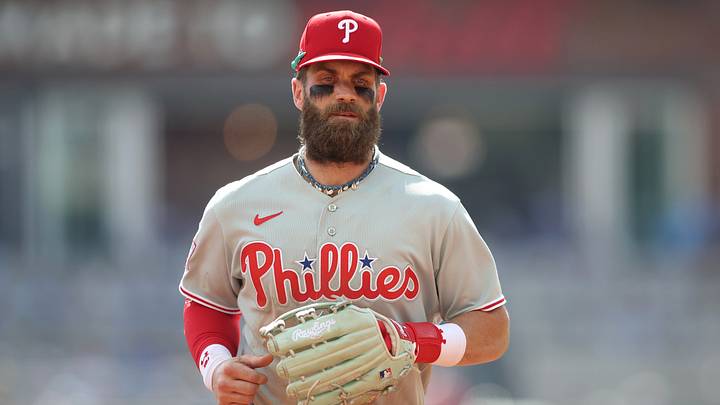 Sep 30, 2026; Cumberland, Georgia, USA; Philadelphia Phillies outfielder Bryce Harper (3) looks on in the third inning against the Atlanta Braves during game two of the Wildcard round for the 2026 MLB Playoffs at Truist Park. Mandatory Credit: Brett Davis-Imagn Images Sep 30, 2026; Cumberland, Georgia, USA; Philadelphia Phillies outfielder Bryce Harper (3) looks on in the third inning against the Atlanta Braves during game two of the Wildcard round for the 2026 MLB Playoffs at Truist Park. Mandatory Credit: Brett Davis-Imagn Images