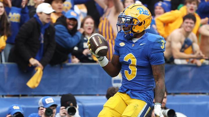 Nov 15, 2025; Pittsburgh, Pennsylvania, USA;  Pittsburgh Panthers linebacker Rasheem Biles (3) reacts after scoring a pick-six touchdown against the Notre Dame Fighting Irish during the third quarter at Acrisure Stadium. Mandatory Credit: Charles LeClaire-Imagn Images