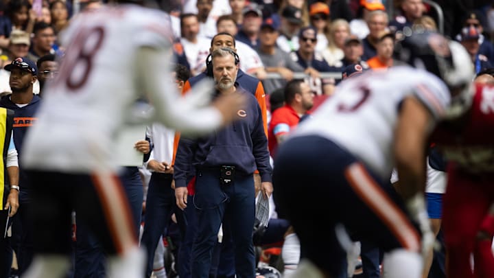 Nov 3, 2024; Glendale, Arizona, USA; Chicago Bears head coach head coach Matt Eberflus against the Arizona Cardinals at State Farm Stadium. Mandatory Credit: Mark J. Rebilas-Imagn Images