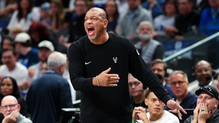 Oct 17, 2024; Dallas, Texas, USA; Milwaukee Bucks head coach Doc Rivers reacts during the first half against the Dallas Mavericks at American Airlines Center. Mandatory Credit: Kevin Jairaj-Imagn Images
