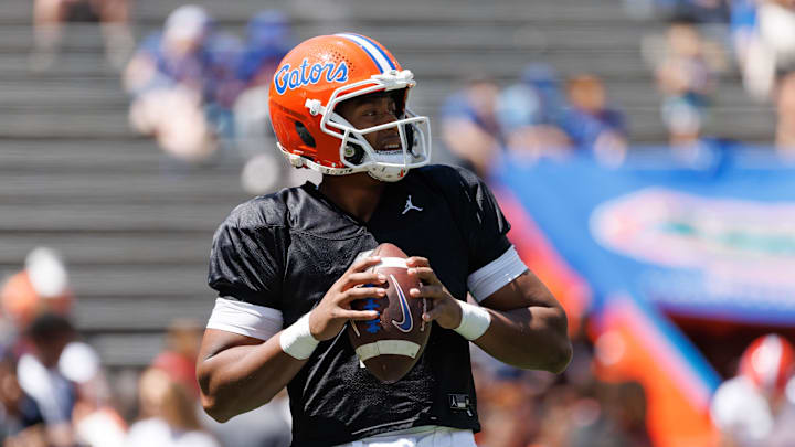 Apr 12, 2025; Gainesville, FL, USA; Florida Gators quarterback DJ Lagway (2) looks to throw before the game at Ben Hill Griffin Stadium. Mandatory Credit: Matt Pendleton-Imagn Images