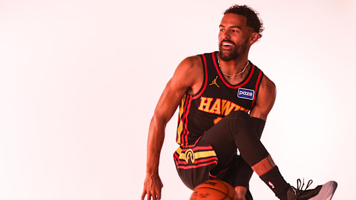 Sep 29, 2025; Atlanta, GA, USA; Atlanta Hawks guard Trae Young (11) poses for a photo at media day. Mandatory Credit: Brett Davis-Imagn Images