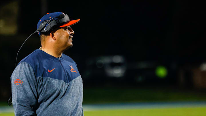 Oct 1, 2022; Durham, North Carolina, USA; Virginia Cavaliers head coach Tony Elliot reacts during the second half against the Duke Blue Devils at Wallace Wade Stadium. Mandatory Credit: Jaylynn Nash-Imagn Images