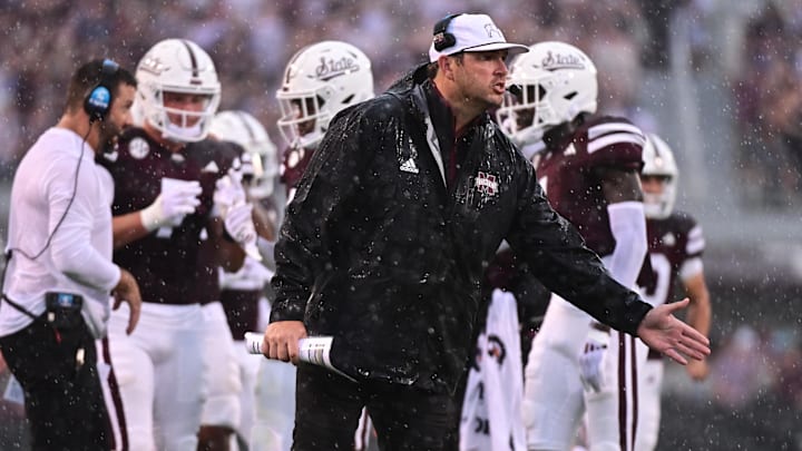 Aug 31, 2024; Starkville, Mississippi, USA; Mississippi State Bulldogs head coach Jeff Lebby reacts during the first quarter of the game against the Eastern Kentucky Colonels at Davis Wade Stadium at Scott Field. Mandatory Credit: Matt Bush-Imagn Images