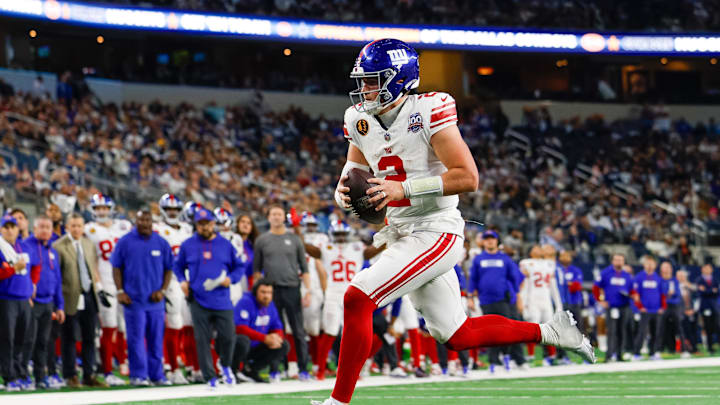 Nov 28, 2024; Arlington, Texas, USA; New York Giants quarterback Drew Lock (2) rushes for a touchdown during the fourth quarter against the Dallas Cowboys at AT&T Stadium. Nov 28, 2024; Arlington, Texas, USA; New York Giants quarterback Drew Lock (2) rushes for a touchdown during the fourth quarter against the Dallas Cowboys at AT&T Stadium.