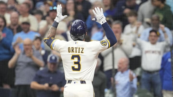 May 12, 2026; Milwaukee, Wisconsin, USA; Milwaukee Brewers shortstop Joey Ortiz (3) celebrates after hitting a home run against the San Diego Padres in the third inning at American Family Field. Mandatory Credit: Michael McLoone-Imagn Images May 12, 2026; Milwaukee, Wisconsin, USA; Milwaukee Brewers shortstop Joey Ortiz (3) celebrates after hitting a home run against the San Diego Padres in the third inning at American Family Field. Mandatory Credit: Michael McLoone-Imagn Images