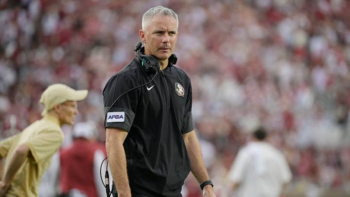 Aug 30, 2025; Tallahassee, Florida, USA; Florida State Seminoles head coach Mike Norvell reacts after a play against the Alabama Crimson Tide during the second half at Doak S. Campbell Stadium. Mandatory Credit: Melina Myers-Imagn Images