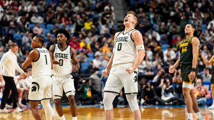 Michigan State forward Jaxon Kohler (0) celebrates a 3-pointer against North Dakota State during the first half of NCAA Tournament First Round at KeyBank Center in Buffalo on Thursday, March 19, 2026.