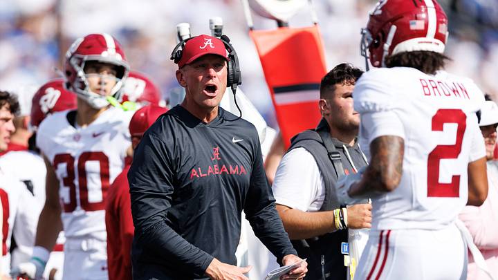Sep 12, 2026; Lexington, Kentucky, USA; Alabama Crimson Tide head coach Kalen DeBoer talks with defensive back Zabien Brown (2) as he returns to the sideline during the second quarter against the Kentucky Wildcats at Kroger Field. Mandatory Credit: Jordan Prather-Imagn Images Sep 12, 2026; Lexington, Kentucky, USA; Alabama Crimson Tide head coach Kalen DeBoer talks with defensive back Zabien Brown (2) as he returns to the sideline during the second quarter against the Kentucky Wildcats at Kroger Field. Mandatory Credit: Jordan Prather-Imagn Images